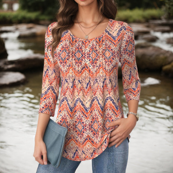 Vintage Blus Med Abstrakt Tryck