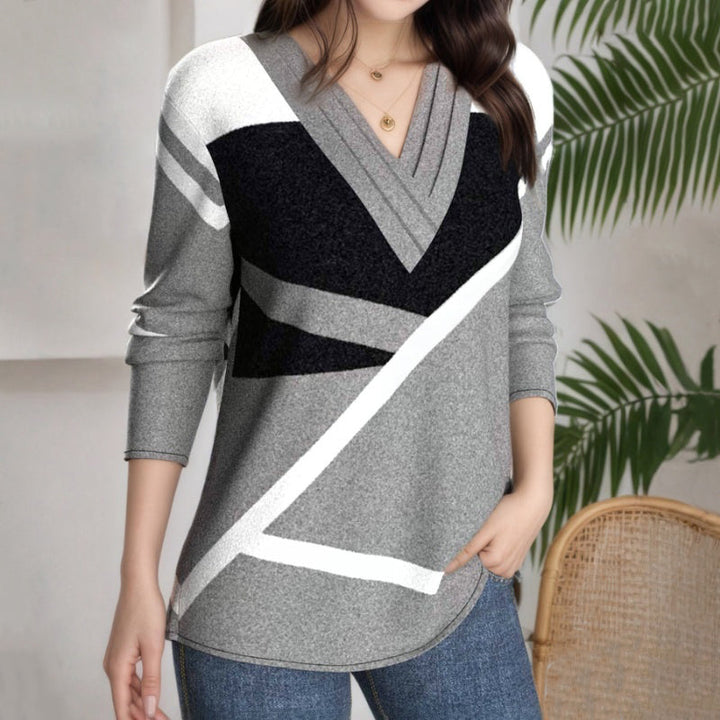 【Långärmad】Avslappnad Blus Med Färgblock