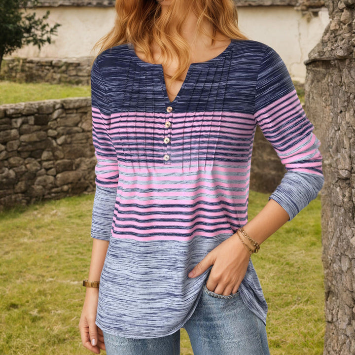 【Långärmad】Randig Blus Med Färgblock