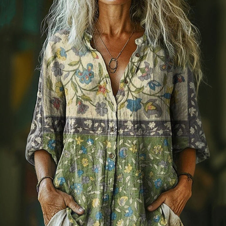 【Långärmad】 Vintage Blus Med Blommigt Tryck