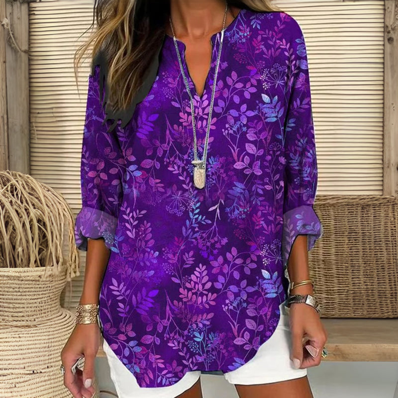 Vintage Blus Med Bladtryck