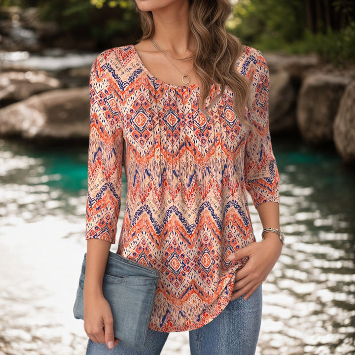 Vintage Blus Med Abstrakt Tryck