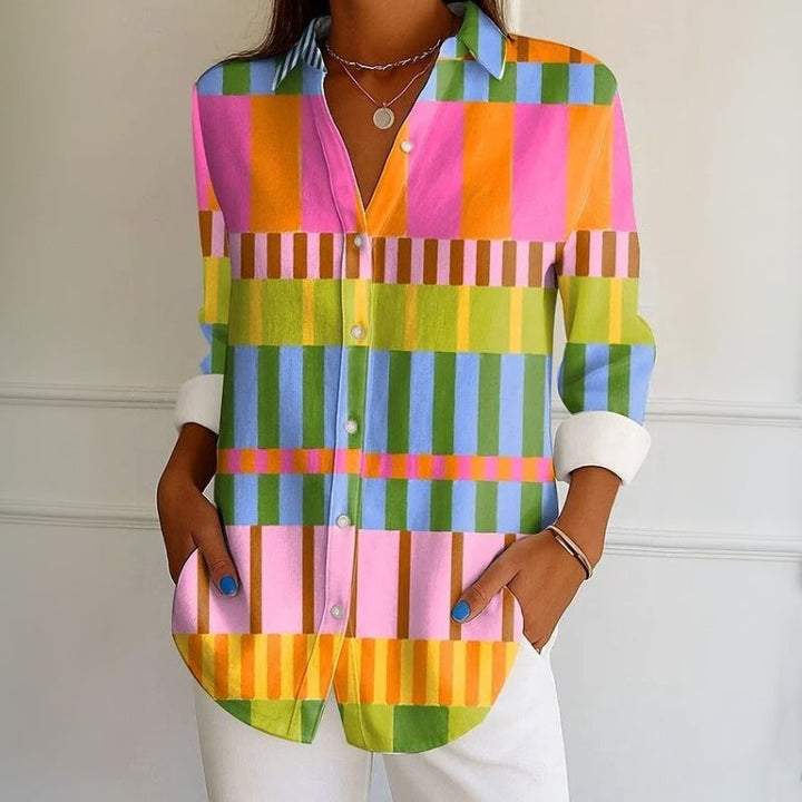 【Långärmad】Färgglad Geometrisk Blus