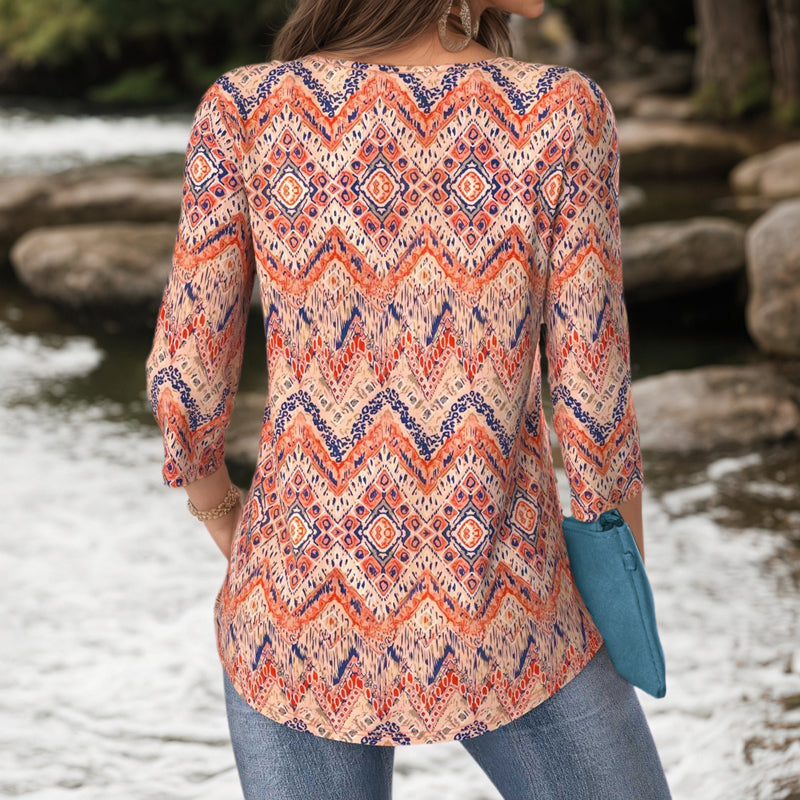 Vintage Blus Med Abstrakt Tryck