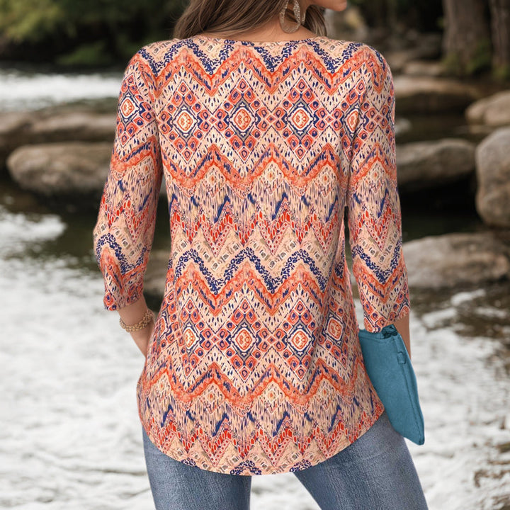 Vintage Blus Med Abstrakt Tryck