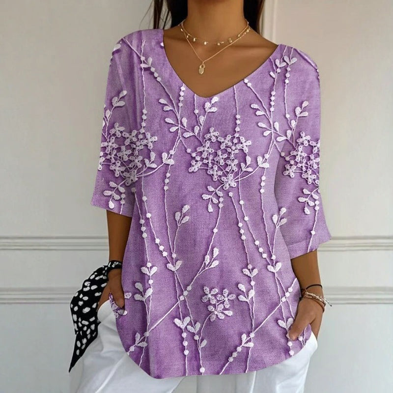 Casual Blus Med Bladtryck