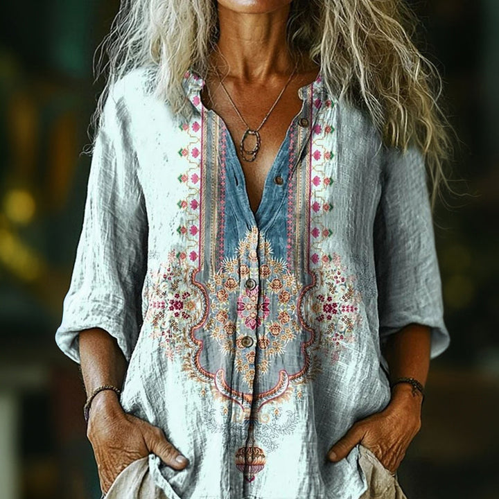 【Långärmad】Vintage Etniskt Mönstrad Blus