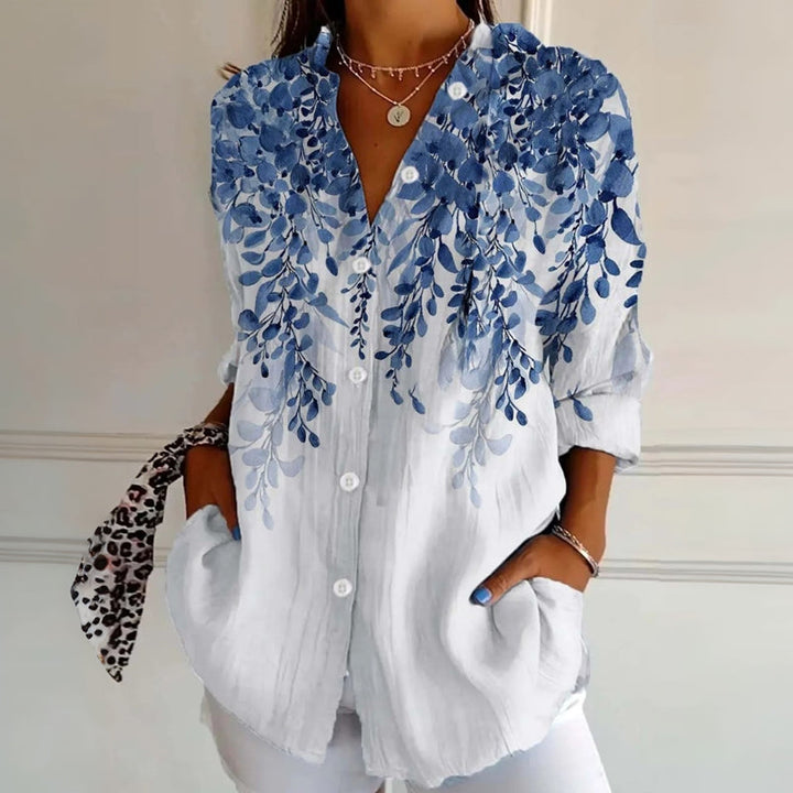 【Långärmad】Vintage Blus Med Bladmönster