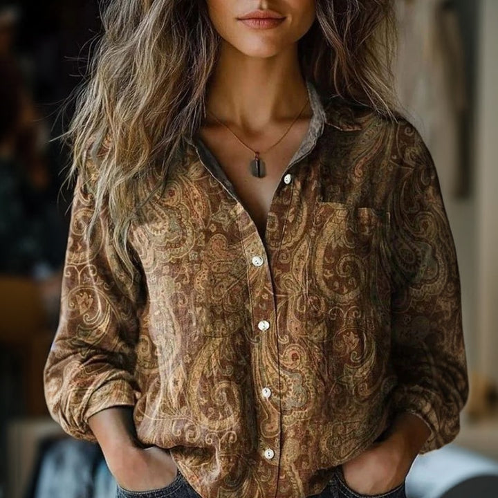 【Långärmad】Vintage Etniskt Mönstrad Blus