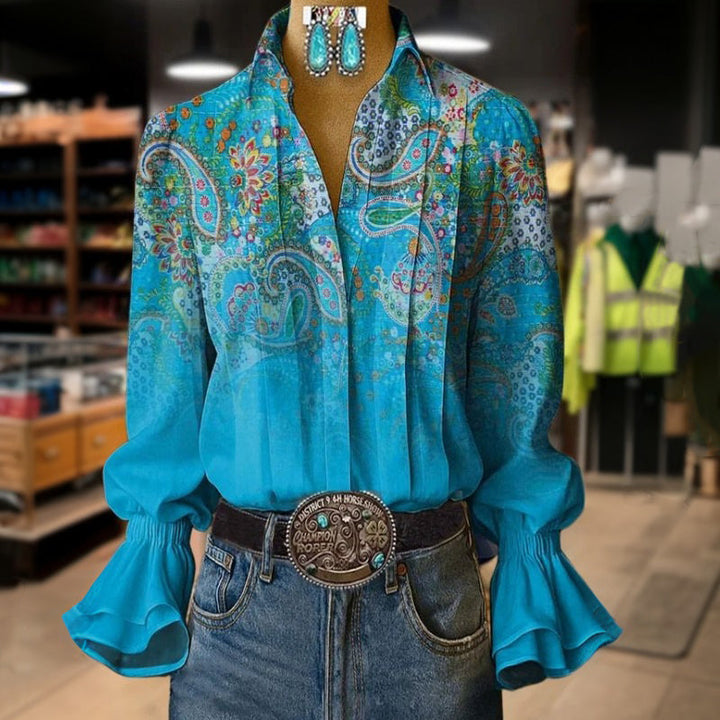 Vintage Blus Med Etniskt Tryck