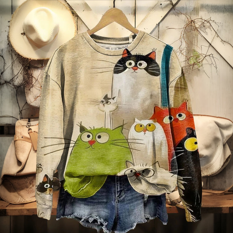Casual Sweatshirt Med Katttryck