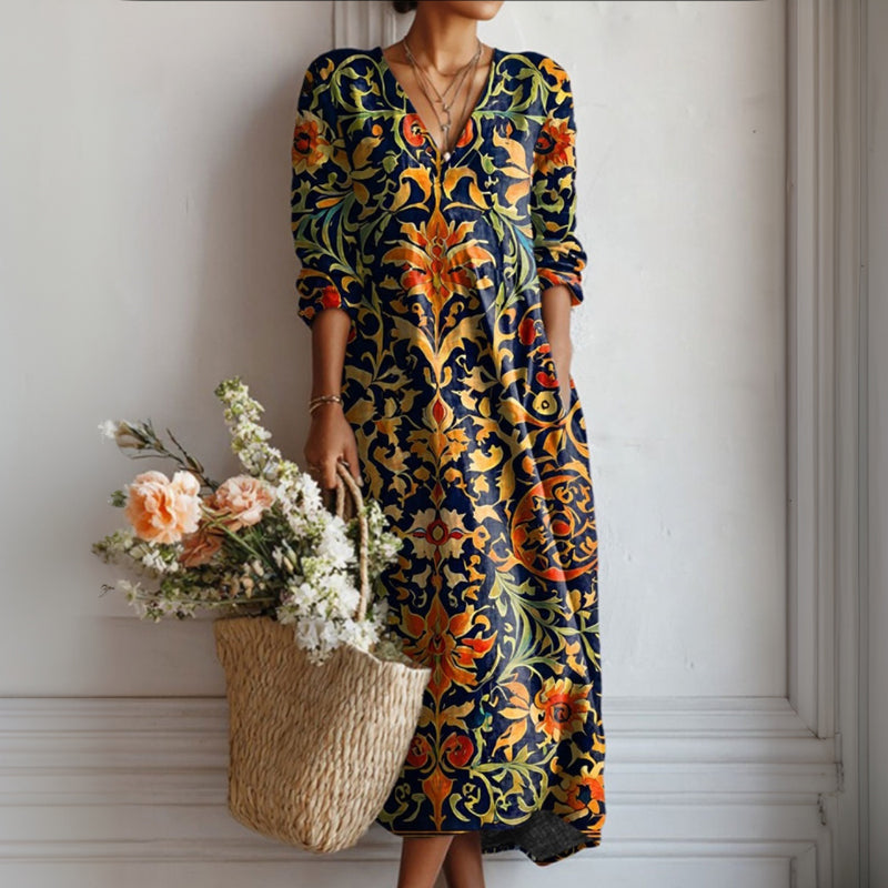 【Långärmad】Vintage Klänning I Etnisk Stil