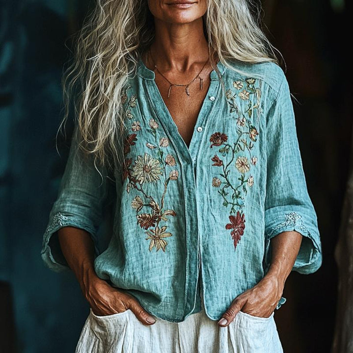 【Långärmad】 Vintage Blus Med Blommigt Tryck